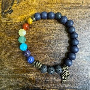 Chakra Beaded Gemstone Stretch Bracelet with Leaf Charm Size 7.25
